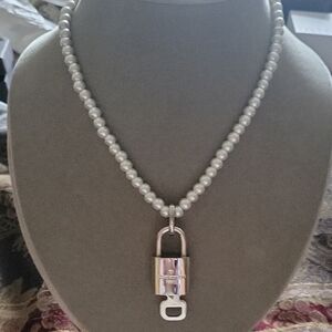 LV Elegant Pearl Necklace with Silver Lock Pendant LV LOCK AND KEY NUMBERED